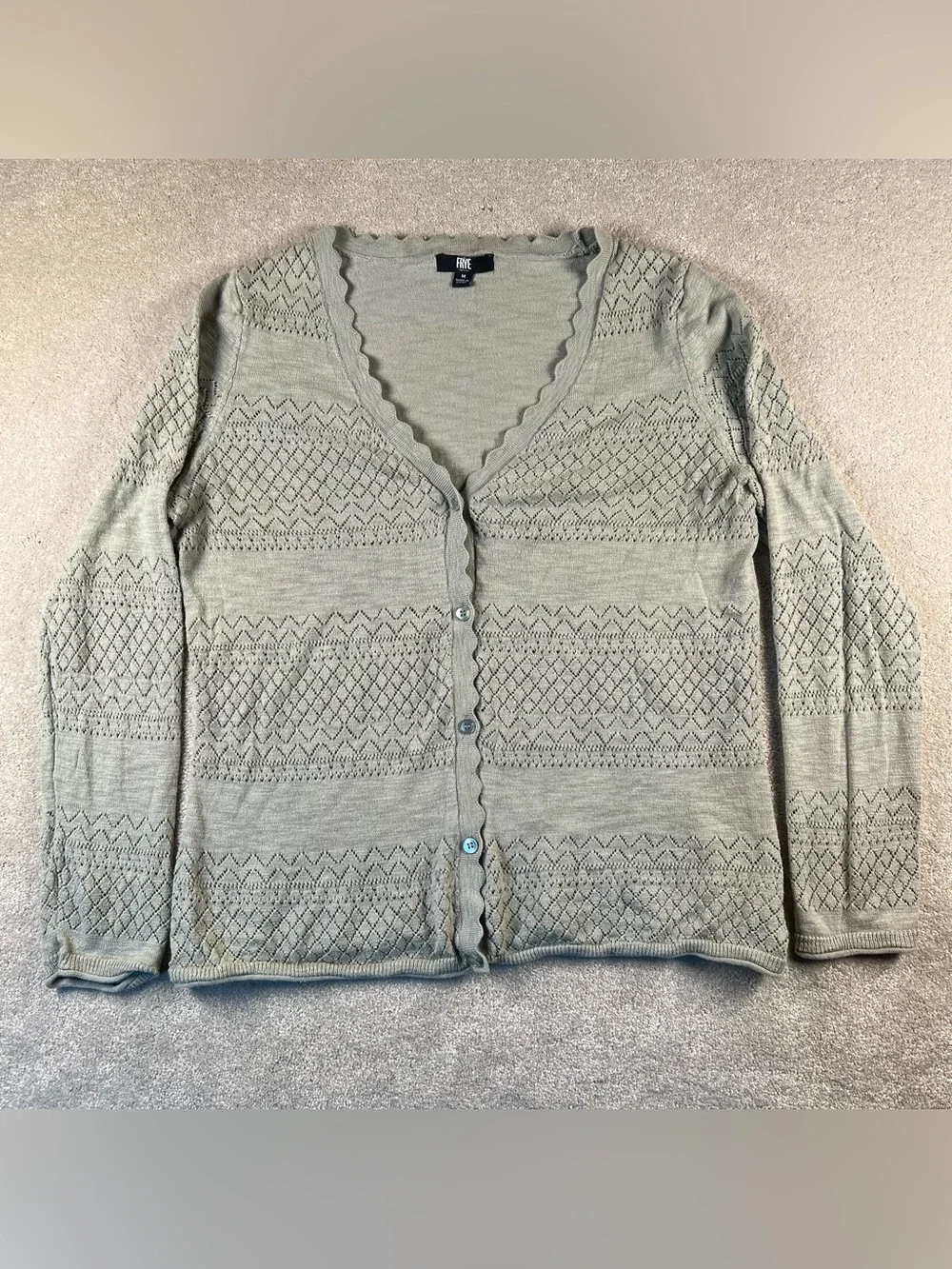 Frye Sweater Cardigan Green See Through Knit V Neck 100% Cotton Lightweight Med